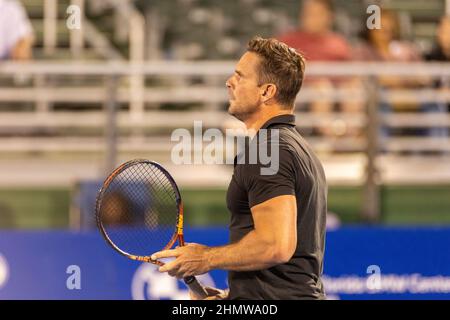 Jan-Michael Gambill (USA) bei der ATP Champions, Legends Tour bei den Delray Beach Open 2022 in Florida in Aktion gesehen. Endergebnis; Tommy Haas 1:0 Jan-Michael Gambill. (Foto von Yaroslav Sabitov / SOPA Images/Sipa USA) Stockfoto