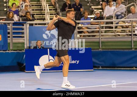 Jan-Michael Gambill (USA) bei der ATP Champions, Legends Tour bei den Delray Beach Open 2022 in Florida in Aktion gesehen. Endergebnis; Tommy Haas 1:0 Jan-Michael Gambill. (Foto von Yaroslav Sabitov / SOPA Images/Sipa USA) Stockfoto