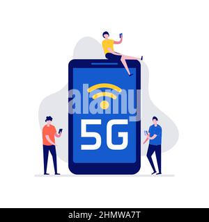 5G Technologiekonzept mit Charakteren. Moderne Vektordarstellung im flachen Stil für Landing Page, mobile App, Poster, Flyer, Vorlage, Webbanner, inf Stock Vektor