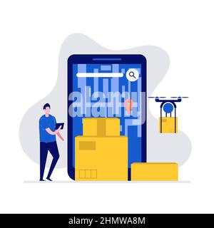 Mobile Delivery Vektor Illustration Konzept mit Charakter und Drohne. Moderne Vektordarstellung im flachen Stil für Landing Page, mobile App, Poster, t Stock Vektor