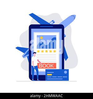 Hotelbuchung online Konzept mit Charakteren. Moderne Vektordarstellung im flachen Stil für Landing Page, mobile App, Poster, Flyer, Vorlage, Webbann Stock Vektor
