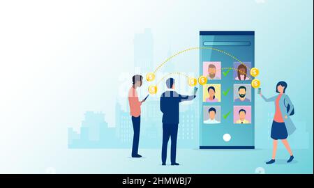 Vektor von Menschen, die mit ihren Mobiltelefonen Geld senden und empfangen, über die Online-Banking-App Stock Vektor