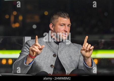 ESPN und SEC Network College Football Analyst Tim Tebow vor dem College Football National Championship Spiel zwischen den Georgia Bulldogs und Alabam Stockfoto