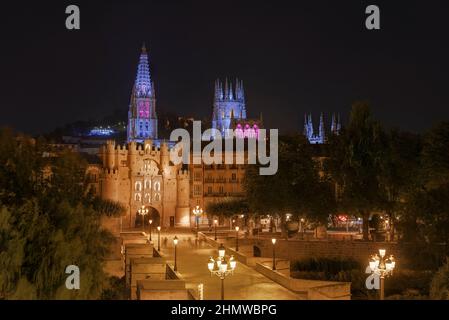 Burgos Kathedrale beleuchtet bei Nacht, Spanien Stockfoto