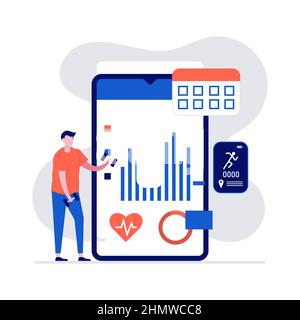 Fitness und gesundes Sportkonzept mit Charakter. Der Mann überwacht den Herzrhythmus mit einem Smartphone und einer intelligenten Uhr. Moderne Vektordarstellung in flacher st Stock Vektor