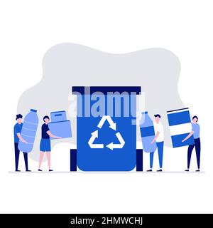 Recycling-Konzept mit Zeichen, die verschiedene Arten von Abfällen enthalten. Moderne Vektordarstellung im flachen Stil für Landing Page, mobile App, Poster, Flyer, Stock Vektor