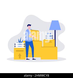 Haus Umzug und Verlagerung Dienstleistungen Vektor Illustration Konzept mit Charakter und Kartons Stapel. Moderne Vektorgrafik im flachen Stil für l Stock Vektor