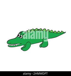 Nettes freundliches grünes Krokodil mit erhobenem Schwanz. Fröhlich lächelnder Alligator isoliert auf weißem Hintergrund. Kindliche flache Cartoon-Vektor-Illustration Stock Vektor