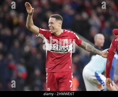 Marcus Tavernier von Middlesbrough feiert, nachdem Duncan Watmore während des Sky Bet Championship-Spiels im Riverside Stadium, Middlesbrough, das vierte Tor des Spiels erzielte. Bilddatum: Samstag, 12. Februar 2022. Stockfoto