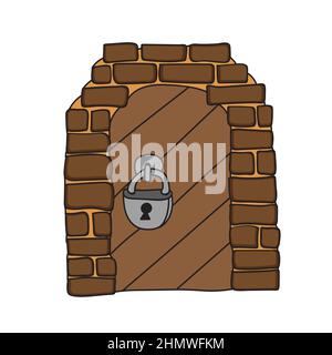 Tür des Schlosses. Eintritt zur märchenhaften Festung oder mittelalterlichen Steinmauer. Geschlossener Holzeingang, Tür mit Schloss. Handgezeichnete Karikatur-Illustration Stock Vektor