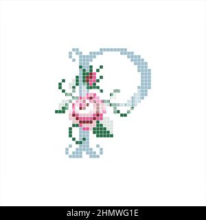 Großbuchstabe p mit Rose. Romantisches Monogramm. Stock Vektor