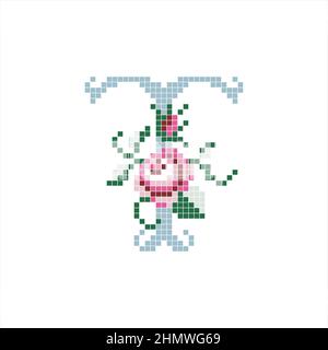 Großbuchstabe t mit Blume. Romantisches Anfangsbuchstabenmonogramm. Stock Vektor