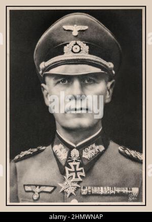 ROMMEL formales Porträt des deutschen Feldmarschalls und Militärtheoretikers Erwin Rommel aus den 40er Jahren. Im Volksmund bekannt als der Wüstenfuchs, diente er als Feldmarschall in der Wehrmacht von Nazi-Deutschland während des Zweiten Weltkriegs Rommel war ein hoch dekorierter Offizier im Ersten Weltkrieg und wurde für seine Aktionen an der Italienischen Front mit dem Pour le Mérite ausgezeichnet. Das spätere Ritterkreuz des Eisernen Kreuzes mit Eiche hinterlässt eine Medaille im Jahr WW2 ein angesehener Armeefeldmarschall der alten Schule, der die riesigen irrationalen und kriminellen Mängel bei Adolf Hitler erkennen konnte und den versuchten Mord unterstützte, der sein Schicksal besiegelte. Stockfoto