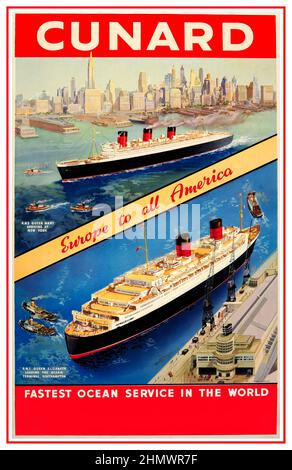 Vintage 1930er Jahre Cunard schnellster Ocean Service Historisches Poster mit RMS Queen Mary und RMS Queen Elizabeth 'EUROPE TO ALL AMERICA' Original Vintage Cunard Poster Queen Mary New York & Queen Elizabeth Southampton 1930er Jahre „schnellster Ocean Service in der Welt“ Goldenes Zeitalter der Luxuskreuzfahrt. Stockfoto