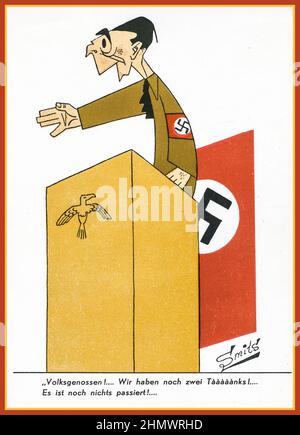 WW2 Dr. Goebbels Karikatur-Propaganda Anti-Nazi-Karte „die Leute ..Comrades..We haben immer noch zwei Panzer und nichts ist passiert“ Volksgenossen Wir haben noch zwei taaaaaanks Es ist nichts passiert ! Von Künstler Smits Nazi-Deutschland 2. Weltkrieg 2. Weltkrieg 1944 Stockfoto