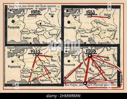 1930 antisemitische Nazi-Propaganda-Plakatkarte mit Hakenkreuz-Symbol überlagert, zeigt die sogenannte Bewegung jüdischer Menschen von 1926 bis 1938 in roter Nazi-Informationspropaganda: 1939 'das Netz, das der Jude einst gesponnen hat - die Achse, die den Kampf gewonnen hat', antisemitische Propagandakarte Stockfoto