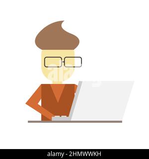 Flache Ikone eines Mannes, der arbeitet. Geschäftsmann, der am Schreibtisch sitzt und einen Laptop benutzt. Konzept des Zeit- oder Projektmanagements. Stock Vektor