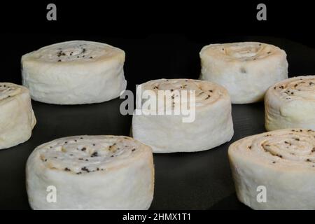 Viele ungekochte hausgemachte Brötchen mit Mohnsamen auf dem Tablett im Elektroofen Stockfoto