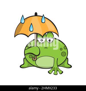 Trauriger Frosch unter einem Regenschirm. Regnerisches Wetter. Cartoon lustige Figur auf weißem Hintergrund. Vektorgrafik. Stock Vektor