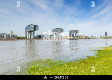 Kranhäuser in köln am rheinufer Stockfoto