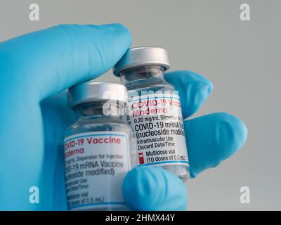 Nahaufnahme eines Fläschchens mit dem Impfstoff Moderna Covid-19, das von einer Hand in medizinischen Handschuhen gehalten wird Stockfoto
