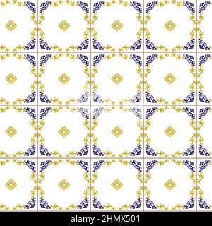 Azuleyo nahtlose Muster gelb und blau Ornament.Portugal geometrische Keramik. Stock Vektor