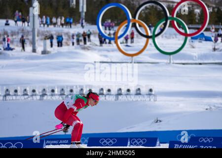 Zhangjiakou, Chinas Provinz Hebei. 12th. Februar 2022. Natalia Nepryaeva vom ROC tritt während der 4x5-km-Langlaufstaffel der Frauen bei den Olympischen Winterspielen in Peking im Nationalen Langlaufzentrum in Zhangjiakou, nordchinesische Provinz Hebei, am 12. Februar 2022 an. Quelle: Liu Chan/Xinhua/Alamy Live News Stockfoto