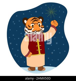 Farbenfrohe Darstellung des Tigers für das chinesische Neujahr. Das Symbol des Jahres 2022 nach dem lunisolaren chinesischen Kalender. Niedliches Vektortier in ca. Stock Vektor