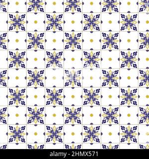 Azuleyo nahtlose Muster gelb und blau Ornament.Portugal geometrische Keramik. Stock Vektor