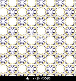 Azuleyo nahtlose Muster gelb und blau Ornament.Portugal geometrische Keramik. Stock Vektor
