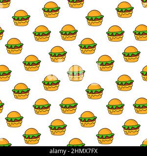 Schwarze Linie Doodle Hamburger nahtlose Muster auf weiß. Stock Vektor