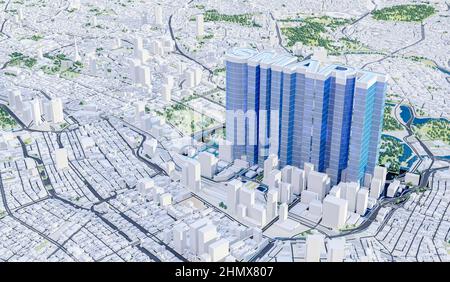 Smart Building im Techno Mega City Hintergrund, urbane und futuristische Technologiekonzepte. 3D Rendern. Stockfoto