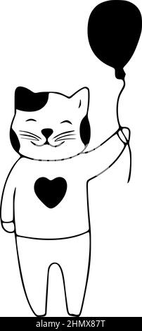 Nette Katze hält ein Ballon-Doodle-Symbol. Niedliche Haustiere Vektor-Kunst auf weißem Hintergrund. Stock Vektor