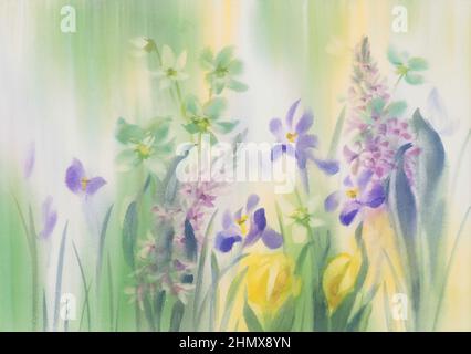 Violette und grüne Frühlingsblumen Aquarell Hintergrund Stockfoto