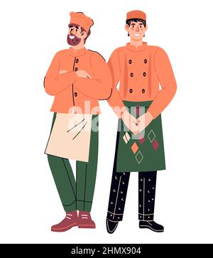 Restaurantangestellte, Häupter in Uniform. Cartoon Kellner und Koch, Küche und Catering-Service-Mitarbeiter, flache Vektor-Illustration isoliert auf weißem Backgro Stock Vektor