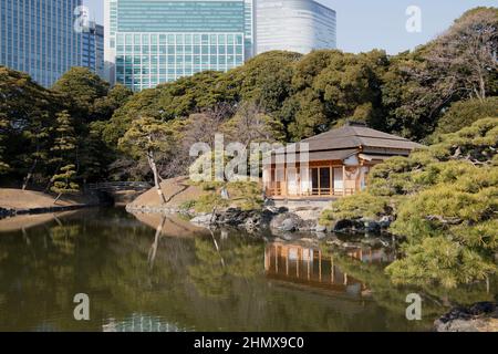 Hamarikyu Gardens in tokio aufgenommen Winter ruhigen Platz Garten mitten in der Stadt Stockfoto