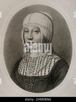 Isabella I. (1451-1504). Königin von Kastilien (1474-1504). Königin Gemahlin von Aragon für ihre Ehe mit Ferdinand II. Von Aragon. Hochformat. Gravur von Masson. Lithographie von Magín Pujadas. Historia General de España, von Modesto Lafuente. Band II. Veröffentlicht in Barcelona, 1879. Autor: Antoine Masson (1636-1700). Französischer Künstler. Stockfoto