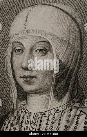 Isabella I. (1451-1504). Königin von Kastilien (1474-1504). Königin Gemahlin von Aragon für ihre Ehe mit Ferdinand II. Von Aragon. Hochformat. Gravur von Masson. Lithographie von Magín Pujadas. Details. Historia General de España, von Modesto Lafuente. Band II. Veröffentlicht in Barcelona, 1879. Autor: Antoine Masson (1636-1700). Französischer Künstler. Stockfoto