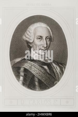 Karl III. (1716-1788). König von Spanien. Bourbon-Dynastie. Hochformat. Gravur von Masson. Lithographie von Magín Pujadas. 'Historia General de España', von Modesto Lafuente. Volumen IV Veröffentlicht in Barcelona, 1879. Autor: Antoine Masson (1636-1700). Französischer Künstler. Stockfoto