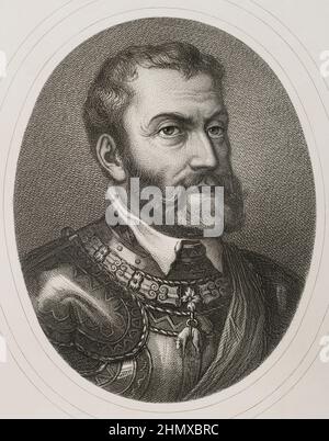 Karl V. (1500-1558). Kaiser und Erzherzog von Österreich (1519-1556), König von Spanien (1516-1556) und Herr der Niederlande als Titularherzog von Burgund (1506-1555). Hochformat. Gravur von Masson. Lithographie von Magín Pujadas. 'Historia General de España', von Modesto Lafuente. Band II. Veröffentlicht in Barcelona, 1879. Autor: Antoine Masson (1636-1700). Französischer Künstler. Stockfoto