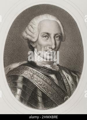 Karl III. (1716-1788). König von Spanien. Bourbon-Dynastie. Hochformat. Gravur von Masson. Lithographie von Magín Pujadas. 'Historia General de España', von Modesto Lafuente. Volumen IV Veröffentlicht in Barcelona, 1879. Autor: Antoine Masson (1636-1700). Französischer Künstler. Stockfoto