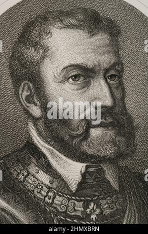 Karl V. (1500-1558). Kaiser und Erzherzog von Österreich (1519-1556), König von Spanien (1516-1556) und Herr der Niederlande als Titularherzog von Burgund (1506-1555). Hochformat. Gravur von Masson. Lithographie von Magín Pujadas. Detalle. 'Historia General de España', von Modesto Lafuente. Band II. Veröffentlicht in Barcelona, 1879. Autor: Antoine Masson (1636-1700). Französischer Künstler. Stockfoto