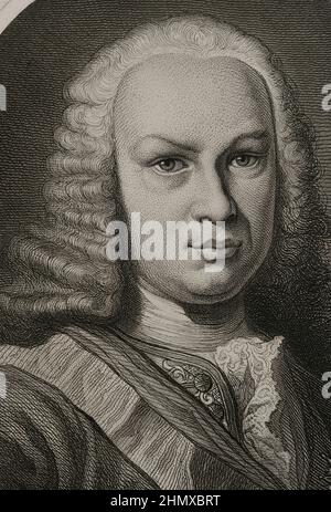 Ferdinand VI. (1713-1759). König von Spanien (1746-1759). Bourbon-Dynastie. Hochformat. Gravur von Masson. Lithographie von Magín Pujadas. Details. 'Historia General de España', von Modesto Lafuente. Volumen IV Veröffentlicht in Barcelona, 1879. Autor: Antoine Masson (1636-1700). Französischer Künstler. Stockfoto