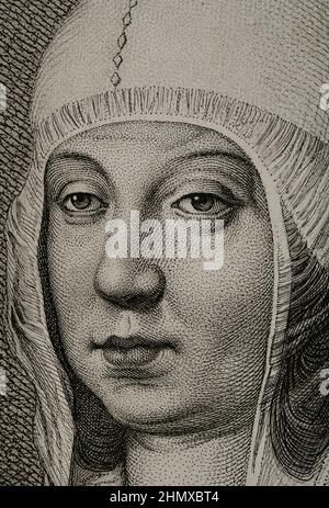 Isabella I. (1451-1504). Königin von Kastilien (1474-1504). Königin Gemahlin von Aragon für ihre Ehe mit Ferdinand II. Von Aragon. Hochformat. Gravur von Masson. Lithographie von Magín Pujadas. Details. Historia General de España, von Modesto Lafuente. Band II. Veröffentlicht in Barcelona, 1879. Autor: Antoine Masson (1636-1700). Französischer Künstler. Stockfoto