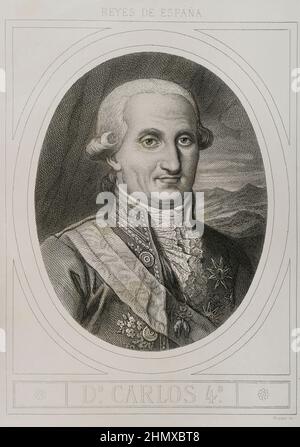 Karl IV. (1748-1819). König von Spanien (1788-1808), so genannter el Cazador (der Jäger). Hochformat. Gravur von Masson. Lithographie von Magín Pujadas. Historia General de España, von Modesto Lafuente. Volumen IV Veröffentlicht in Barcelona, 1879. Autor: Antoine Masson (1636-1700). Französischer Künstler. Stockfoto