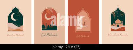 Sammlung von modernen Stil Ramadan Mubarak Grußkarten mit Retro-Boho-Design, Mond, Moschee Kuppel und Laternen Stock Vektor