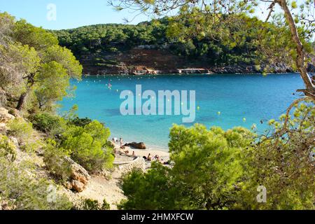 Die hellen Farben des berühmten strandes cala Saladeta auf ibiza auf den balearen Stockfoto