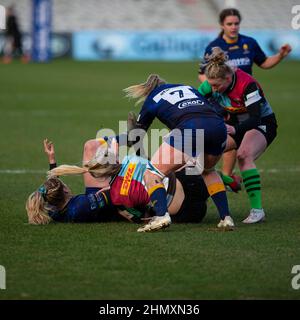 Harlequins Women vs Worcester Warriors Women's Allianz Premier 15s London, England Februar 12th 2022: Spielaktion zwischen Harlequins Women vs Worcester Warriors in Twickenham Stoop . Endergebnis: Harlequins Rugby 42 : 15 Worcester Warriors Stockfoto