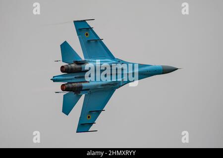 Eine ukrainische Luftwaffe Suchoi Su-27 P Kampfflugzeuge Anzeige der RIAT 2019, RAF Fairford, England am 21. Juli 2019. Stockfoto