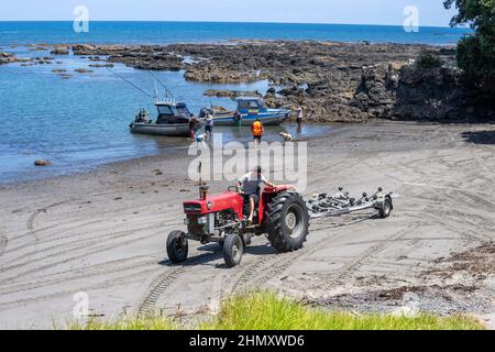 TE Kaha Neuseeland - Januar 31 2022; Boote kehren an Land zurück und werden von einem roten Traktor am Strand zwischen felsigen Gebieten abgeholt. Stockfoto